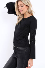Black Bell Sleeved Top with Lace up Detail - Fate-Tops