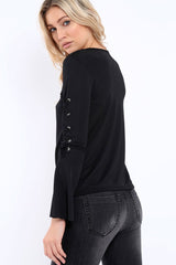 Black Bell Sleeved Top with Lace up Detail - Fate-Tops