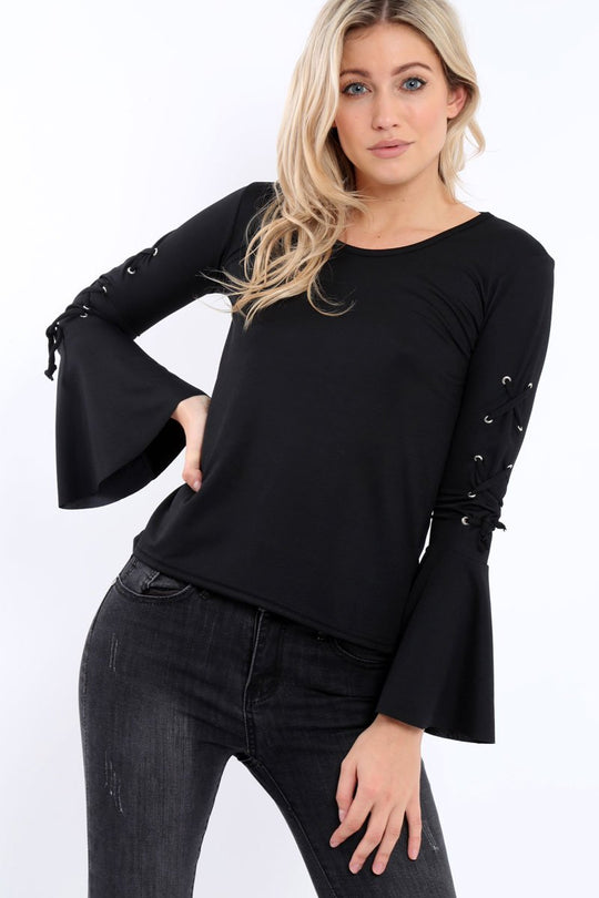 Black Bell Sleeved Top with Lace up Detail - Fate