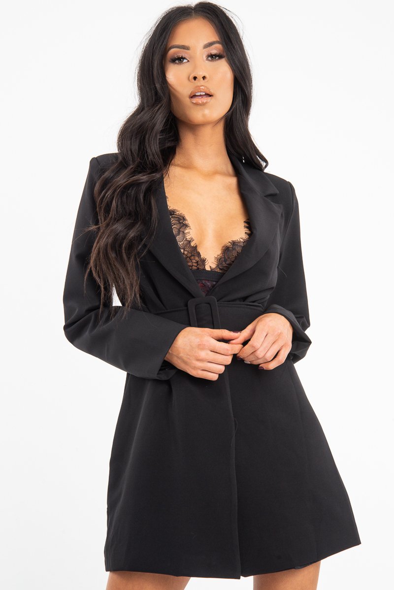 Black Belted Button Front Blazer Dress - Naomy-Dresses