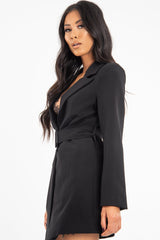 Black Belted Button Front Blazer Dress - Naomy-Dresses