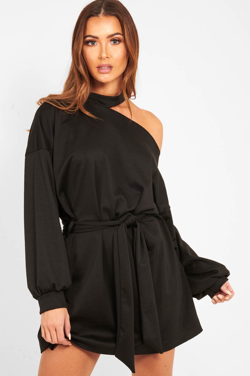 Black Belted Cold Shoulder Jumper Dress - Elston-Dresses