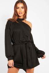 Black Belted Cold Shoulder Jumper Dress - Elston-Dresses
