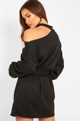 Black Belted Cold Shoulder Jumper Dress - Elston-Dresses