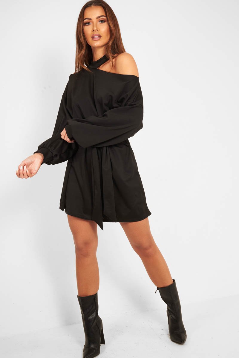 Black Belted Cold Shoulder Jumper Dress - Elston-Dresses