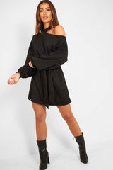 Black Belted Cold Shoulder Jumper Dress - Elston-Dresses