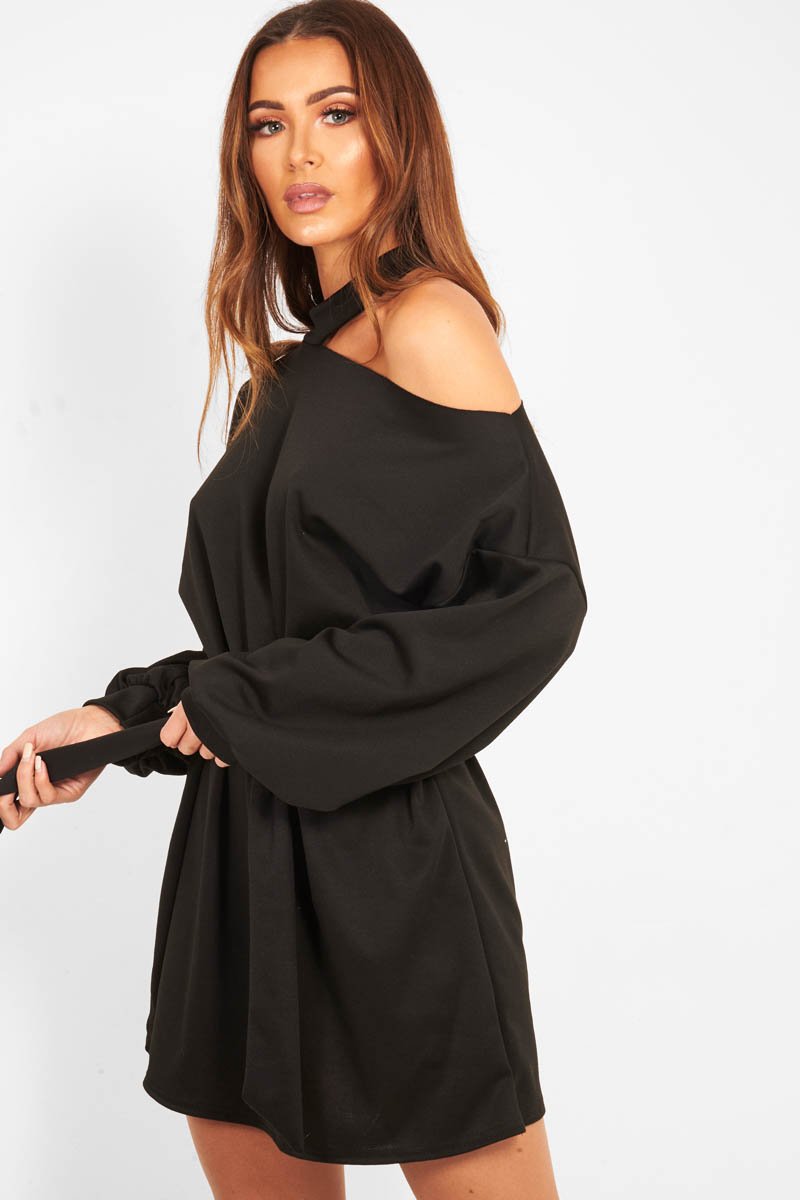 Black Belted Cold Shoulder Jumper Dress - Elston-Dresses