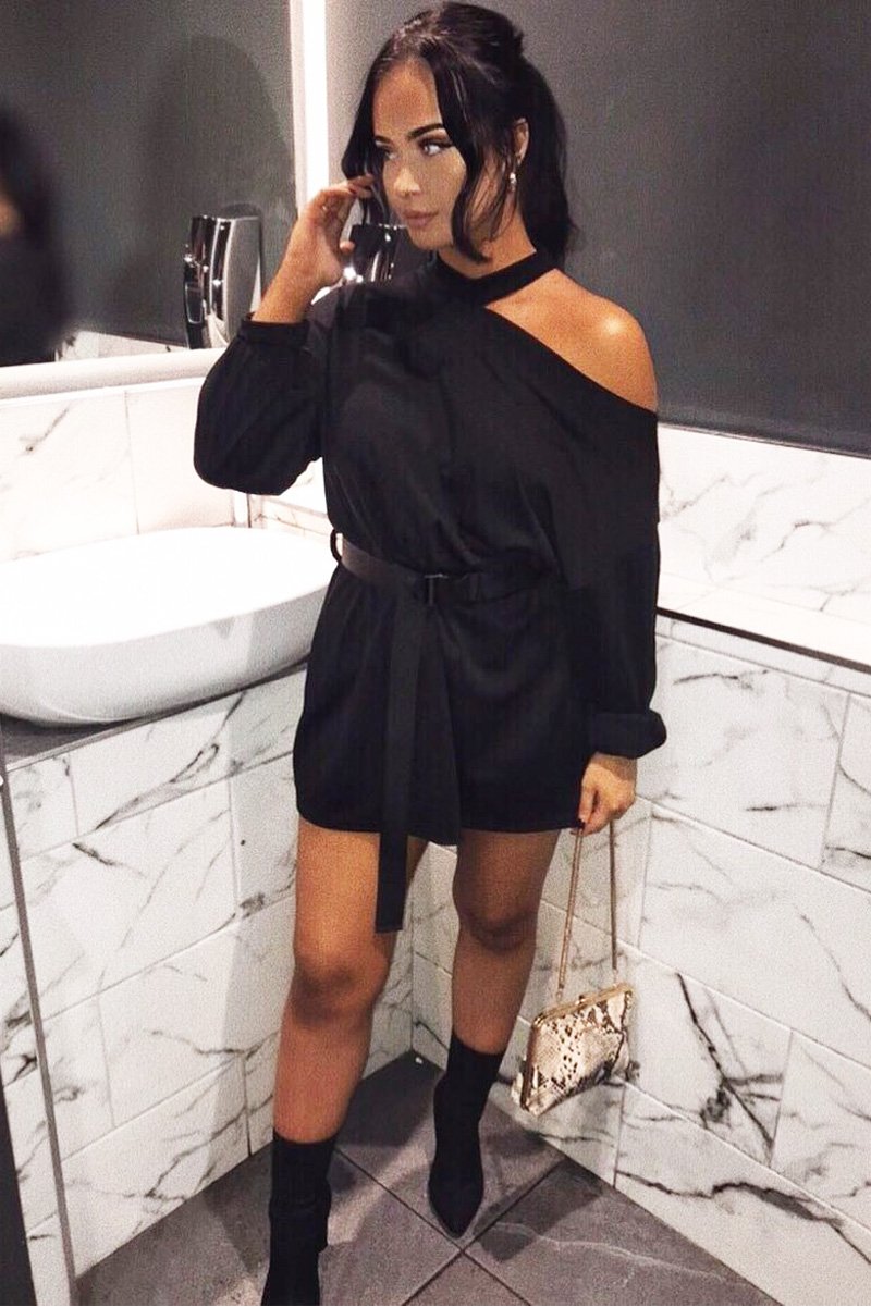 Black Belted Cold Shoulder Jumper Dress - Elston Rebellious Fashion Black Belted Cold Shoulder Jumper Dress - Elston Rebellious Fashion