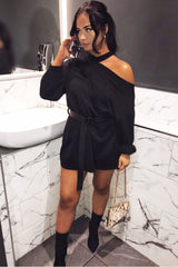 Black Belted Cold Shoulder Jumper Dress - Elston-Dresses
