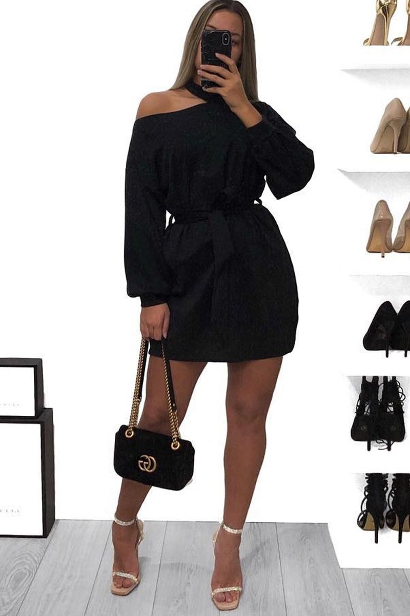 Black Belted Cold Shoulder Jumper Dress - Elston-Dresses