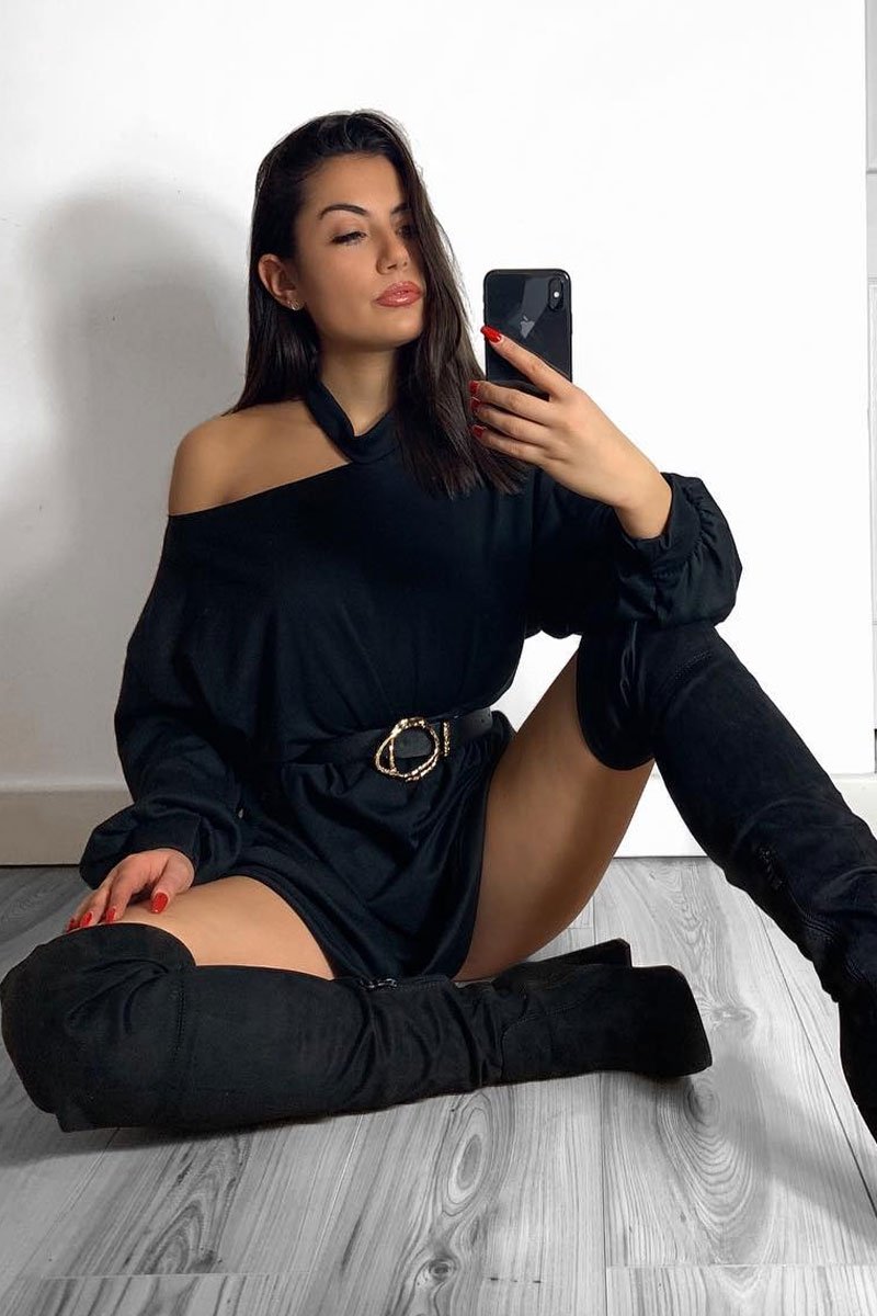Black Belted Cold Shoulder Jumper Dress - Elston-Dresses