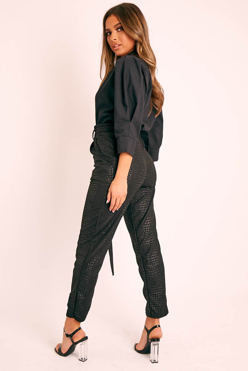 Black Belted Croc Print Tapered Trousers - Aasia-Trousers