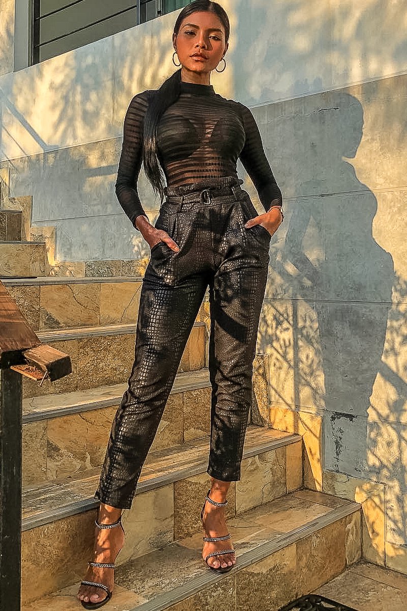Black Belted Croc Print Tapered Trousers - Aasia-Trousers