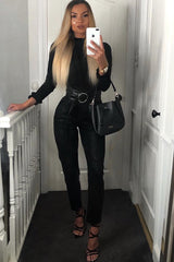 Black Belted Croc Print Tapered Trousers - Aasia-Trousers