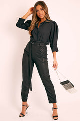 Black Belted Croc Print Tapered Trousers - Aasia-Trousers