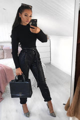 Black Belted Croc Print Tapered Trousers - Aasia-Trousers