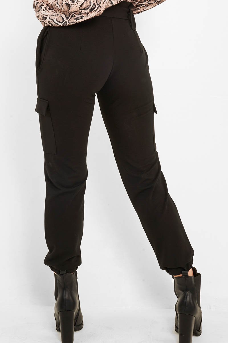 Black Belted Pocket Detail Cargo Trousers - Adalina-Trousers