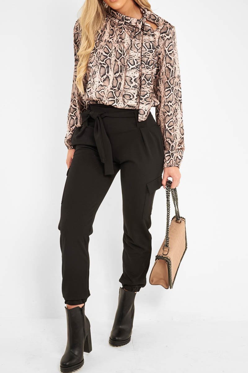 Black Belted Pocket Detail Cargo Trousers - Adalina-Trousers