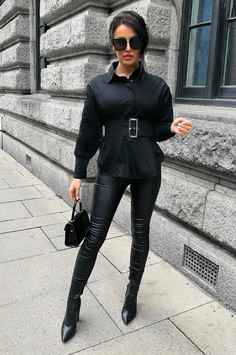 Black Belted Tailored Shirt - Natalina-Shirts