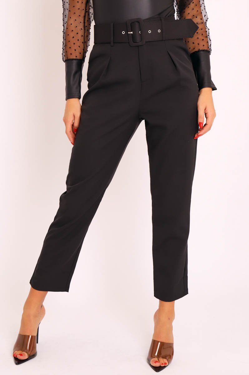 Black Belted Tapered Peg Trousers - Jessika-Trousers