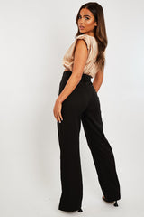Black Belted Waist Wide Leg Trouser - Kaena-Trousers