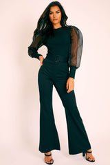 Black Belted Wide Leg Trousers - Isadore-Trousers