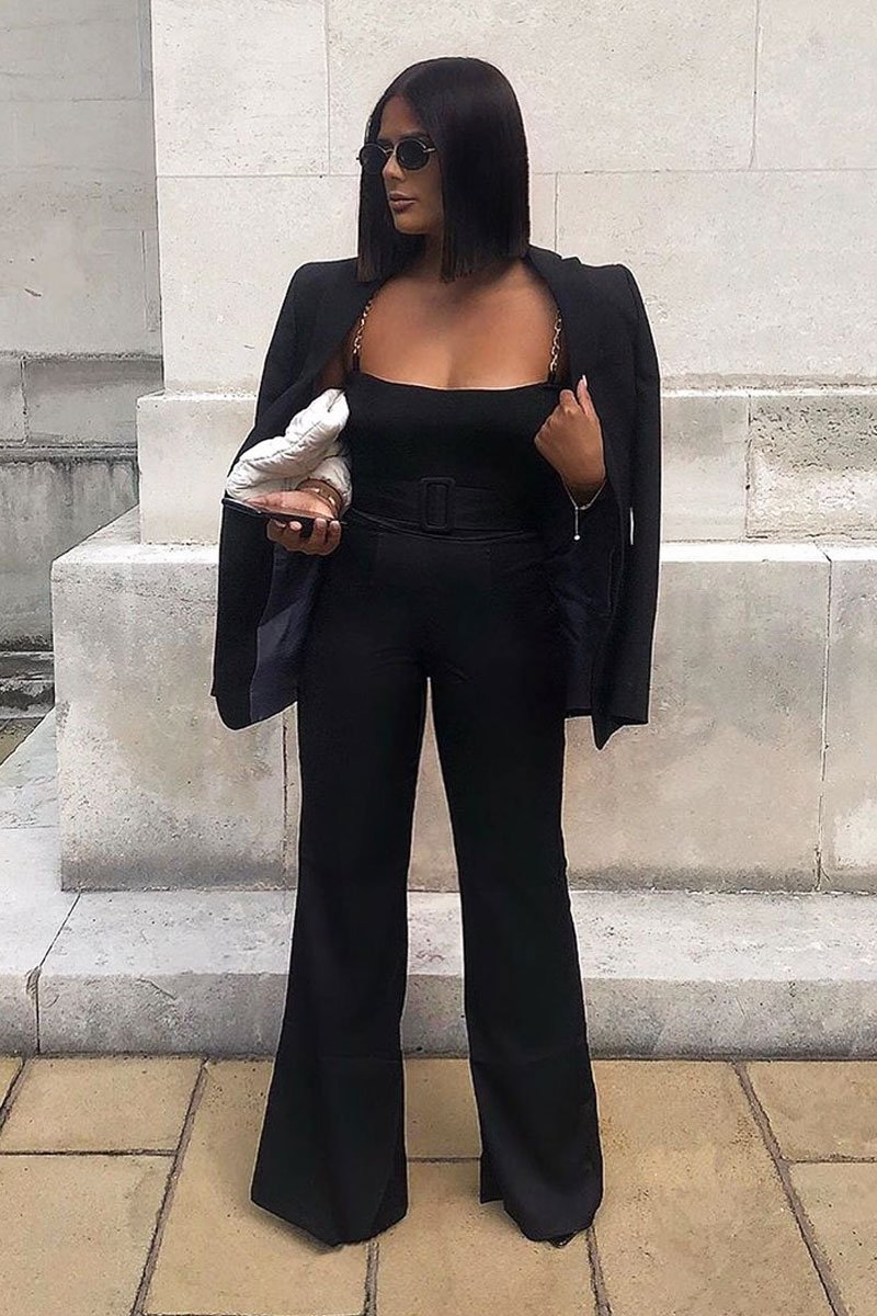 Black Belted Wide Leg Trousers - Isadore-Trousers