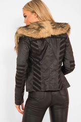 Black Biker Faux Fur Collar Jacket - Kaydi-Jackets