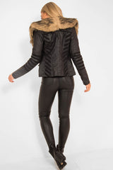 Black Biker Faux Fur Collar Jacket - Kaydi-Jackets