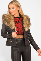 Black Biker Faux Fur Collar Jacket - Kaydi-Jackets