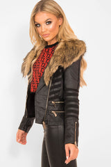Black Biker Faux Fur Collar Jacket - Kaydi-Jackets