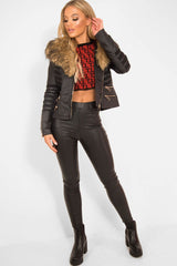 Black Biker Faux Fur Collar Jacket - Kaydi-Jackets
