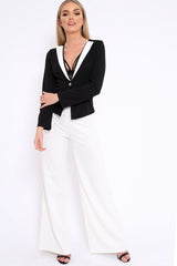 Black Blazer Top with White Contrast Lapels - Ellina-Tops