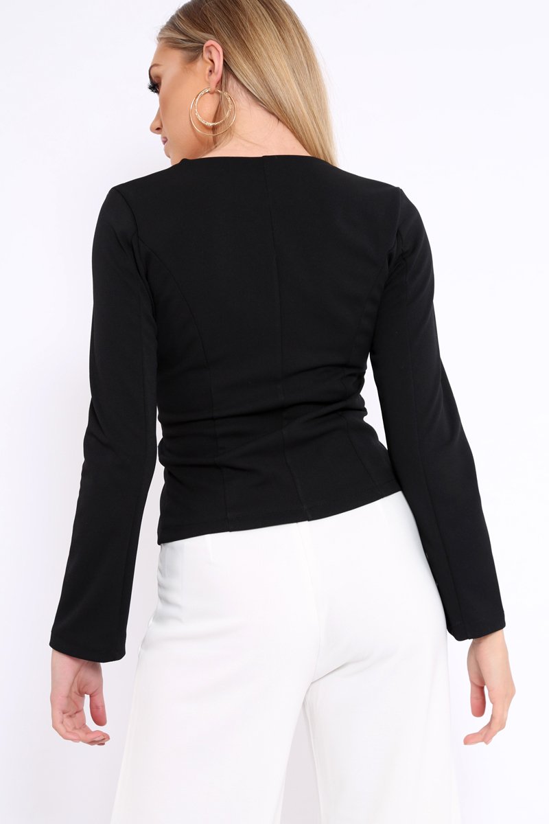 Black Blazer Top with White Contrast Lapels - Ellina-Tops