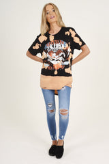 Black Bleached 'Born Rock' Print Top - Georgie-Tops