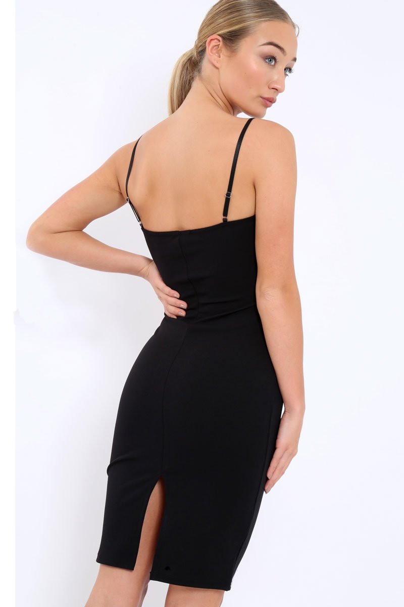 Black Bodycon Midi Dress with Gold Bar Detail - Annahi Rebellious Fashion Black Bodycon Midi Dress with Gold Bar Detail - Annahi Rebellious Fashion