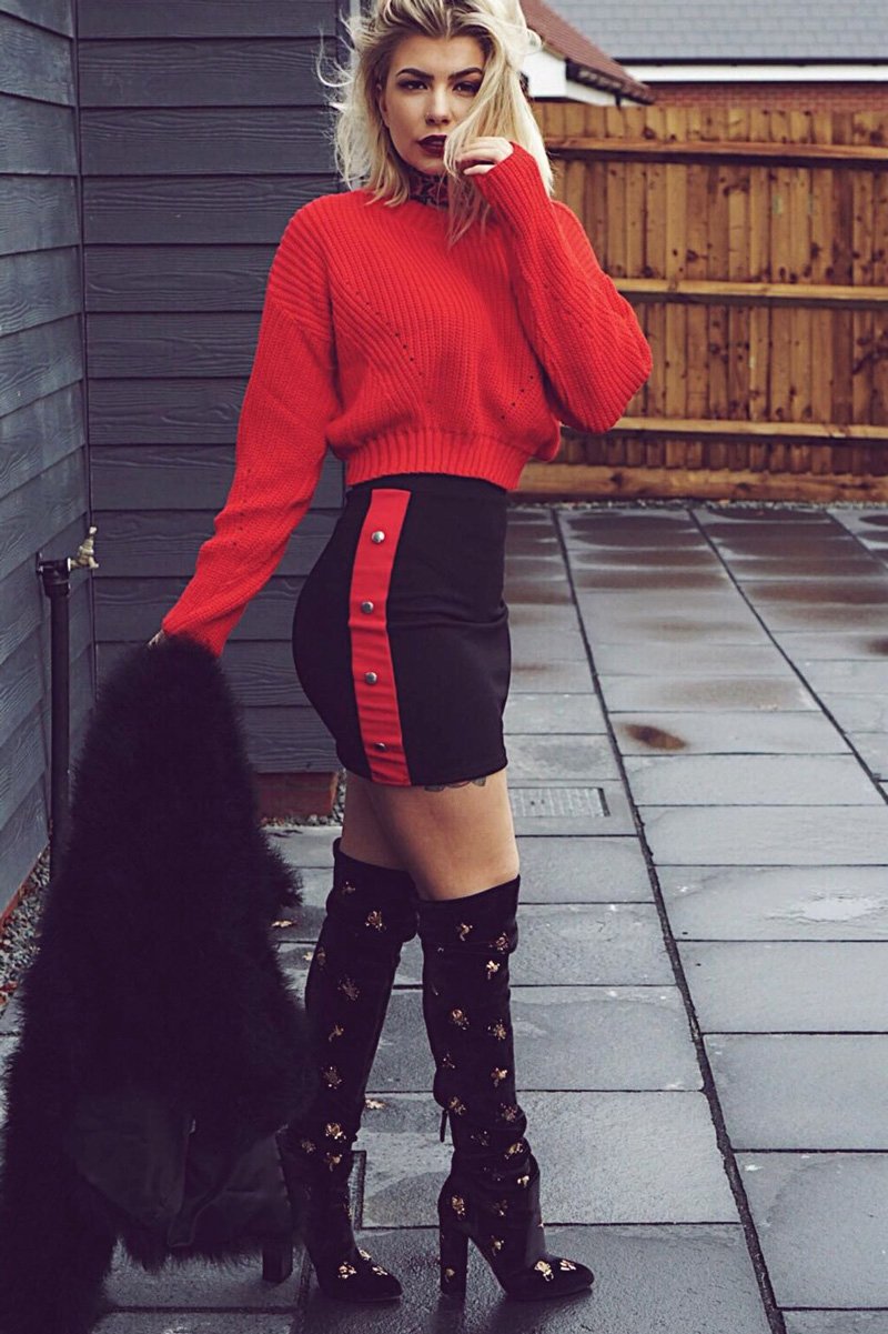 Black Bodycon Skirt with Sports Trim and Popper Detail - Matilda-Skirts