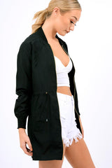 Black Bomber Style Long Jacket - Brea-Jackets