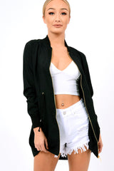 Black Bomber Style Long Jacket - Brea-Jackets
