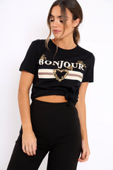 Black Bonjour Slogan T-shirt - Elisabeth-Tops