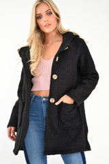 Black Borg Button Front Hooded Coat - Idaliz-Coats