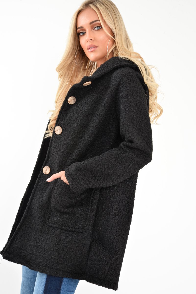 Black Borg Button Front Hooded Coat - Idaliz-Coats
