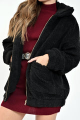 Black Borg Zipper Front Pocket Coat - Jacklynn-Coats