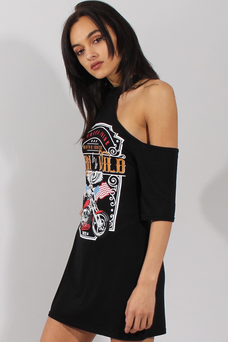 Black Born To Be Wild Cut Out Shoulder T-Shirt Dress - Lorelei-Dresses