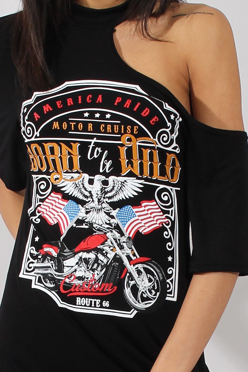 Black Born To Be Wild Cut Out Shoulder T-Shirt Dress - Lorelei-Dresses