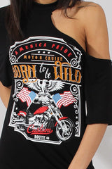 Black Born To Be Wild Cut Out Shoulder T-Shirt Dress - Lorelei-Dresses