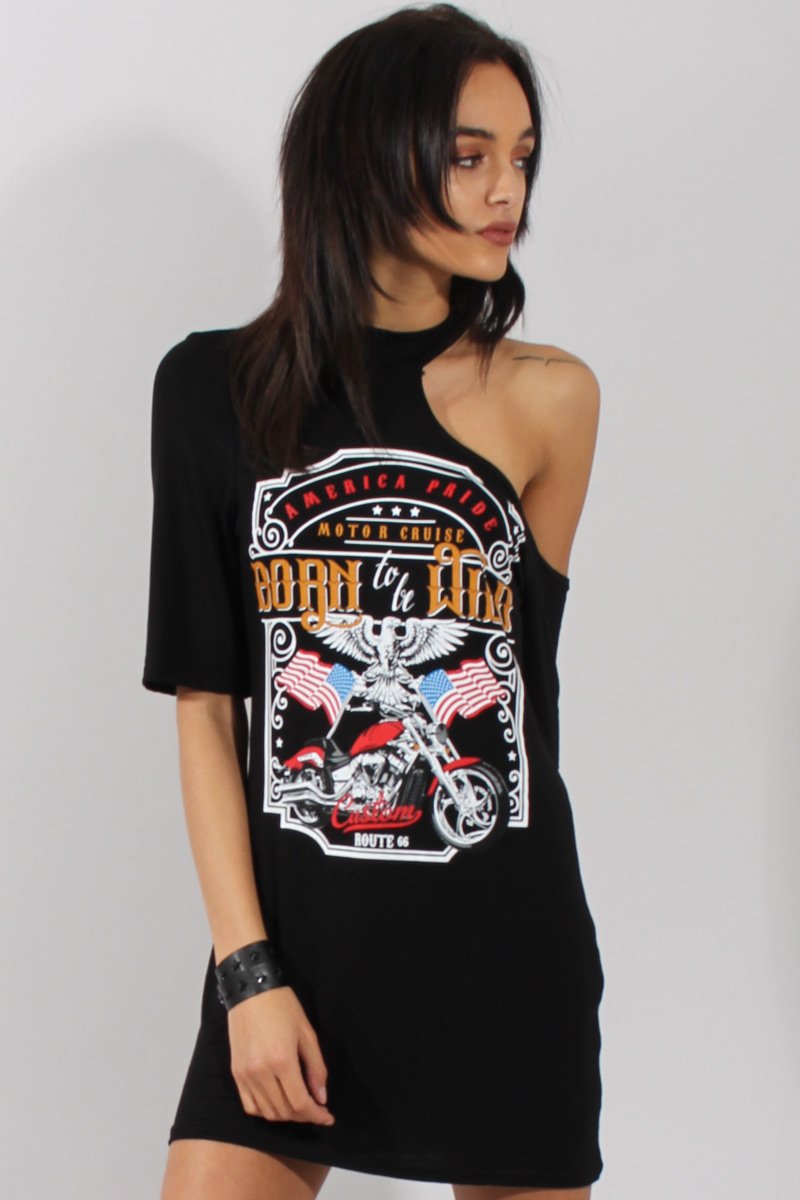 Black Born To Be Wild Cut Out Shoulder T-Shirt Dress - Lorelei-Dresses