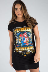 Black Born To Fly Slogan T-Shirt Dress - Isabella-Dresses