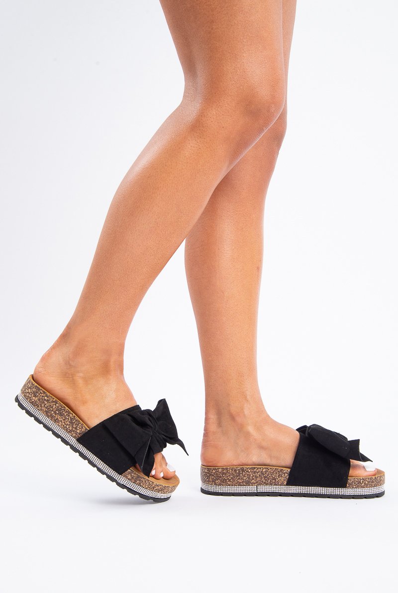 Black Bow Detail Diamante Sliders - Delvina-Sandals