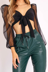 Black Bow Front Organza Sleeve Crop Top - Eddie-Crop Tops
